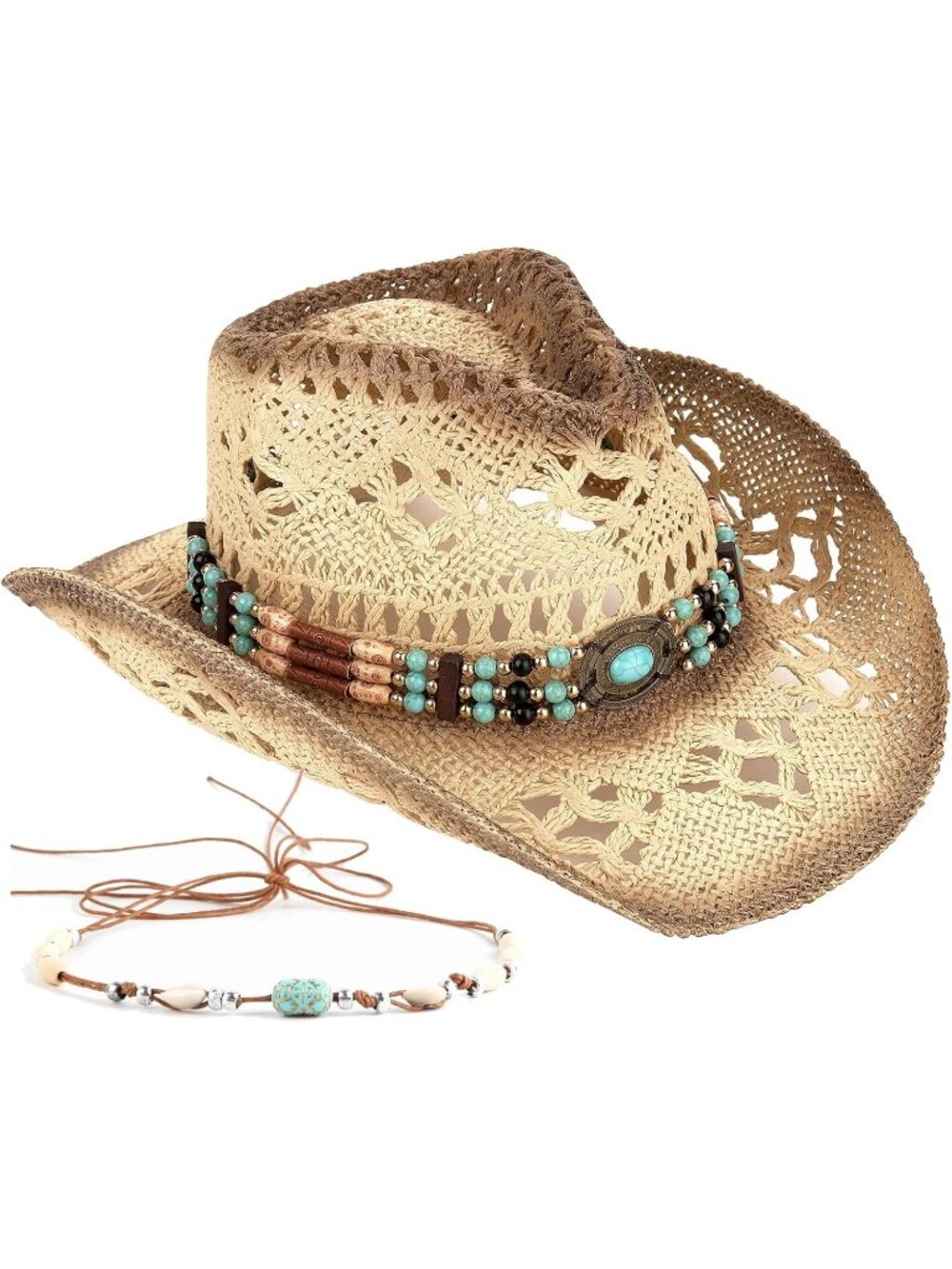 Men's Beige-a Pull-On Straw Two Decorative Band Cowboy Cowgirl Hat